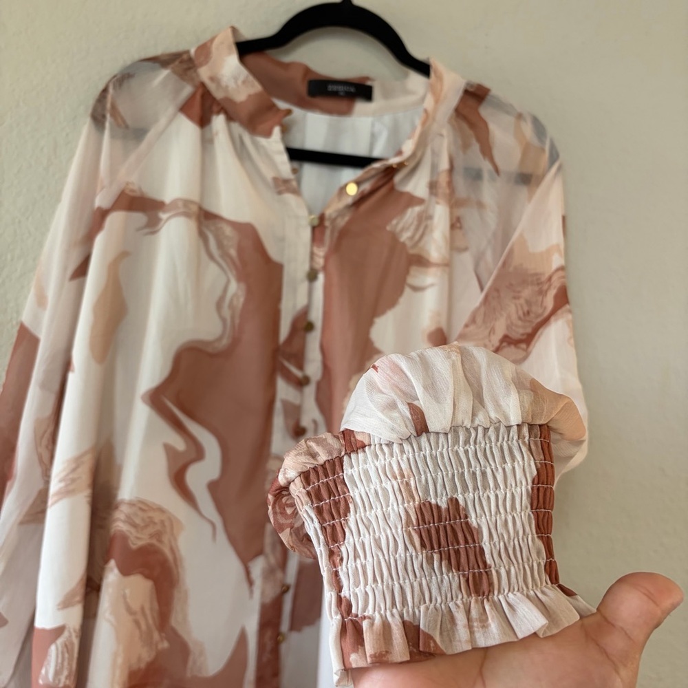 Zesica woman’s Cream & Brown Marble-Print Button Down Blouse size XL office - Picture 3 of 10